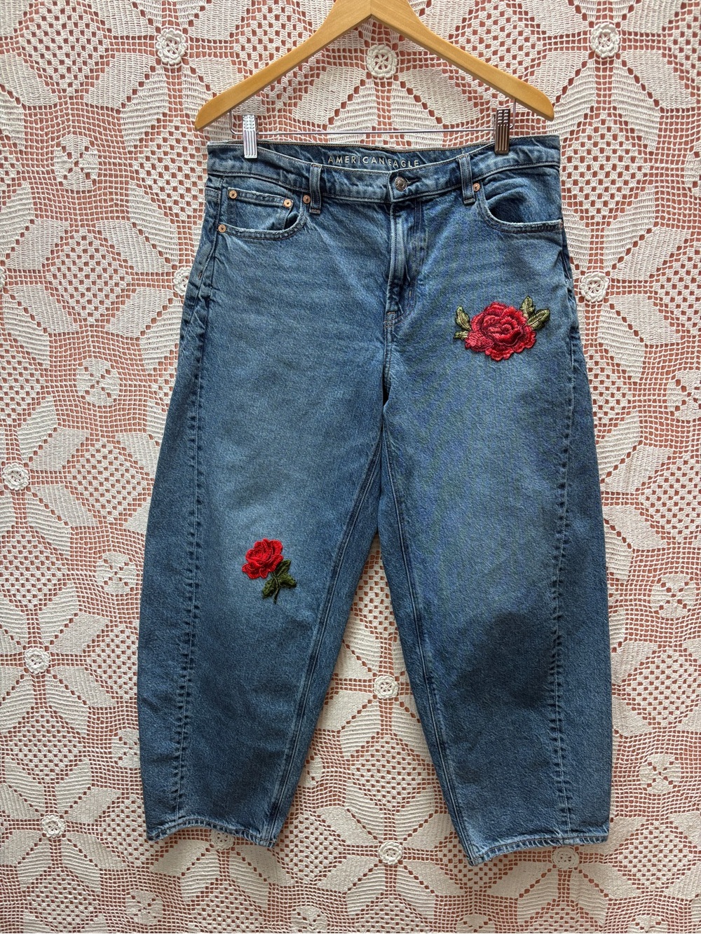 American Eagle Outfitters Blue Denim Jeans with Red Rose Embroidery